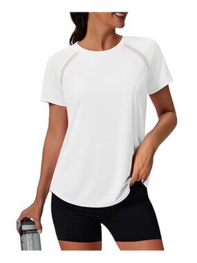 White Mesh Panel Workout Tee UV Protection Athletic Running Top